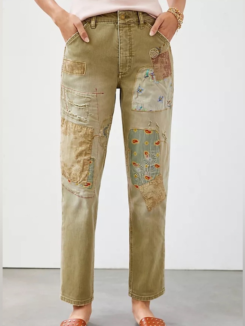 Pilcro by Anthropologie The Wanderer Green Patchwork Barrel Denim Pants S Womens